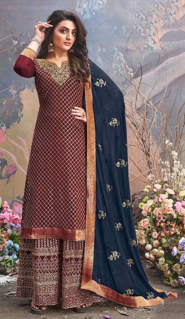 Maroon Color Upada Silk Designer Pakistani Style Eid Wear Palazzo Suit -790124639