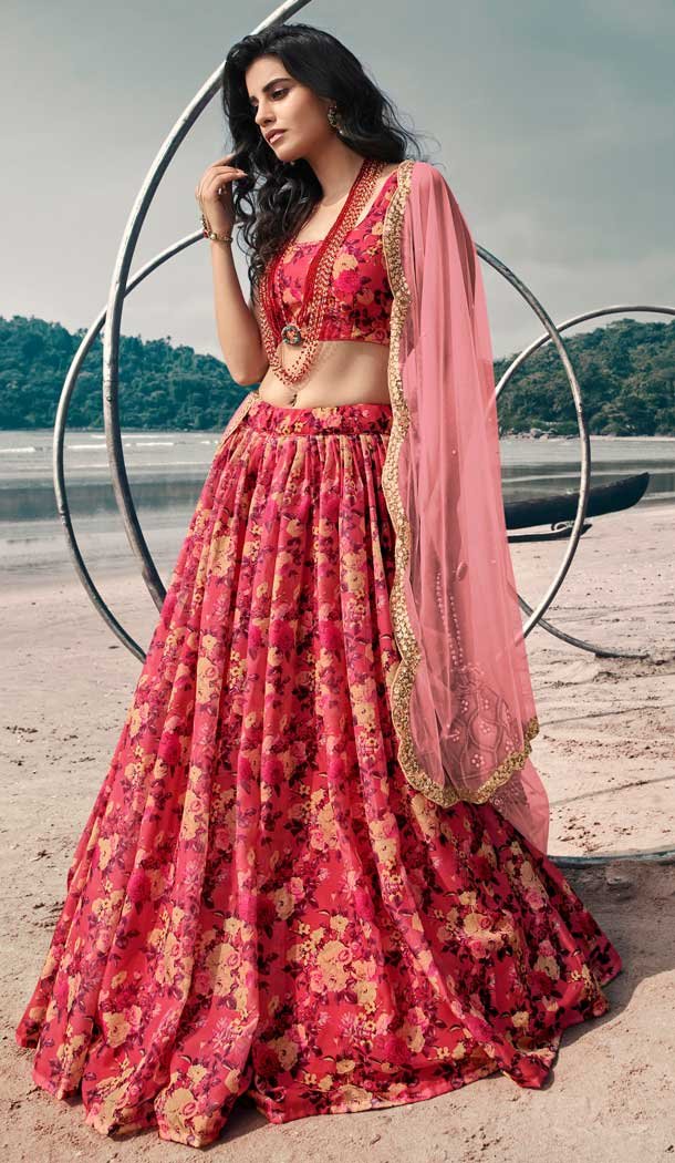 Gajari Red Color Organza Printed Designer Party Wear Lehenga Choli -794124661