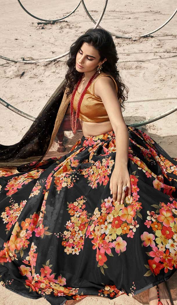 Black Color Organza Printed Designer Party Wear Lehenga Choli -794124662