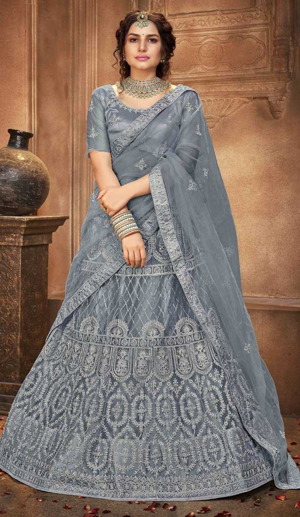 Grey Color Net Embroidered Designer Bridal Party Wear Lehenga Coli -802124741