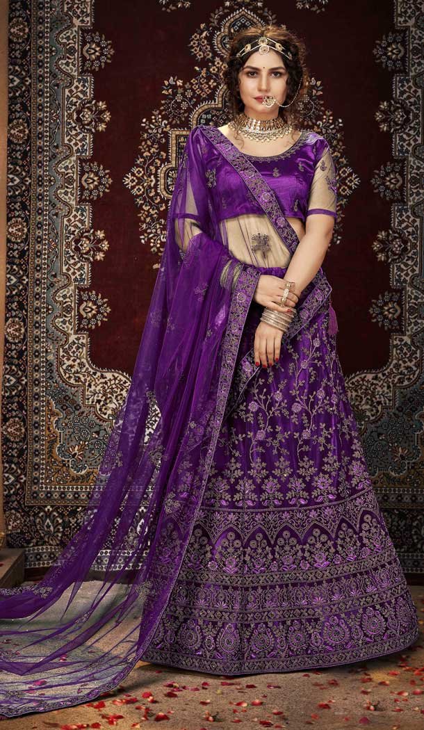 Deep Purple Color Net Embroidered Designer Bridal Party Wear Lehenga Coli -802124746