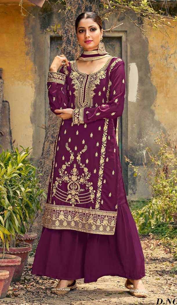 Purple Color Faux Georgette Designer Party Wear Palazzo Suit -808124778