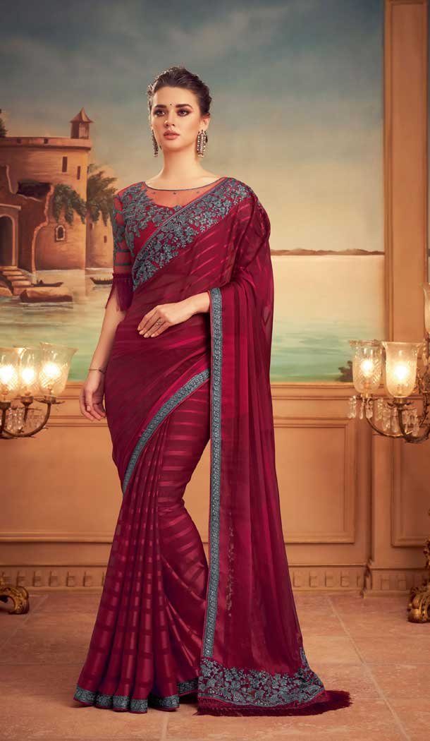 Maroon Color Shadow Silk Heavy Embroidered Designer Party Wear Saree -815124827