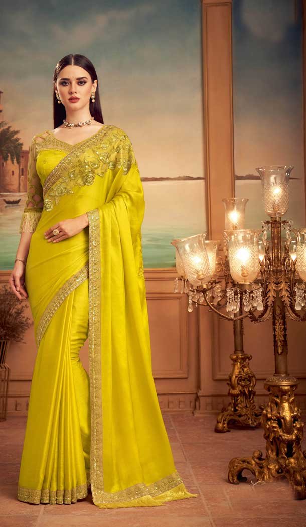 Yellow Color Magnum Silk Heavy Embroidered Designer Party Wear Saree -815124829
