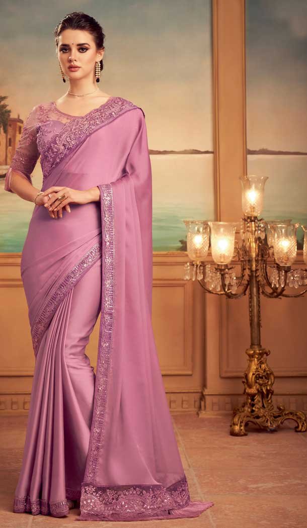 Old Rose Color Costa Silk Heavy Embroidered Designer Party Wear Saree -815124830