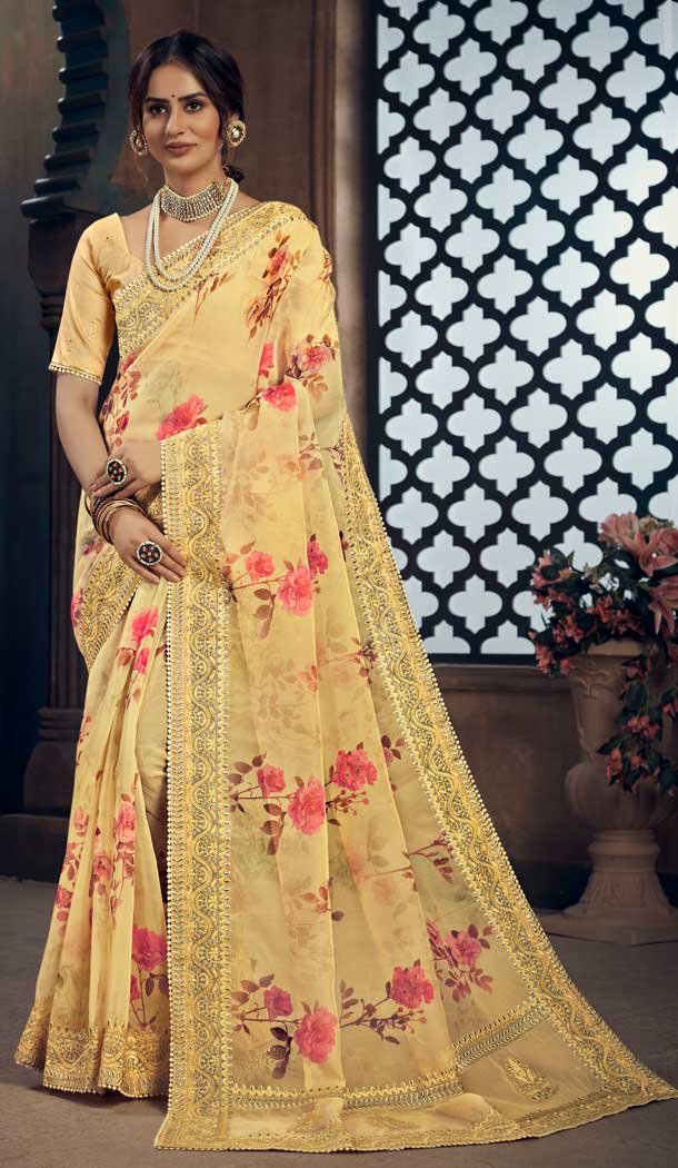 Light Yellow Color Soft Organza Fancy Designer Party Wear Saree -929125833