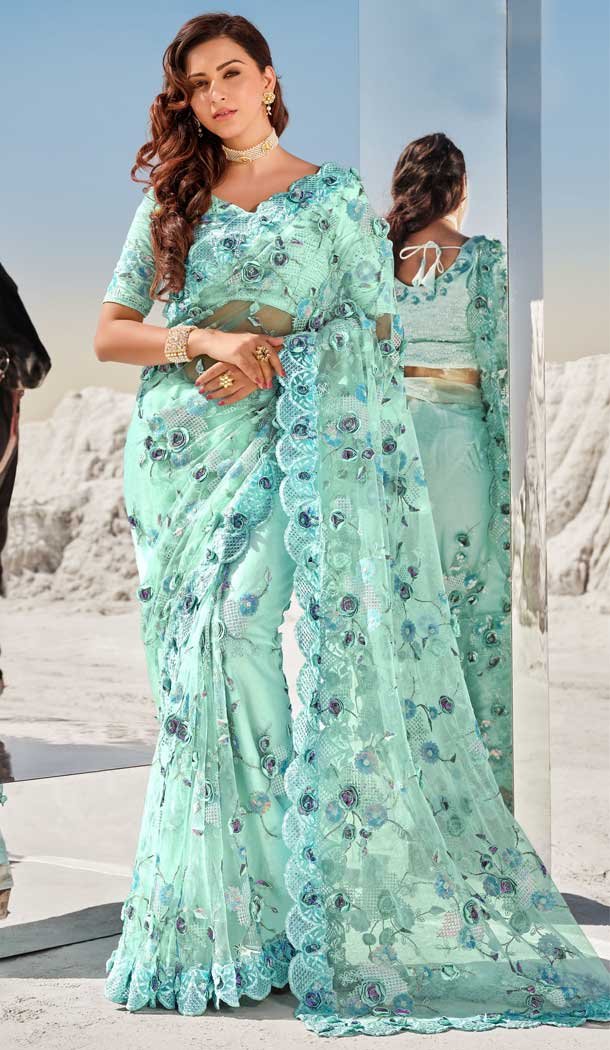 Aqua Color Digital Net Fancy Designer Bridal Party Wear Saree -969126226