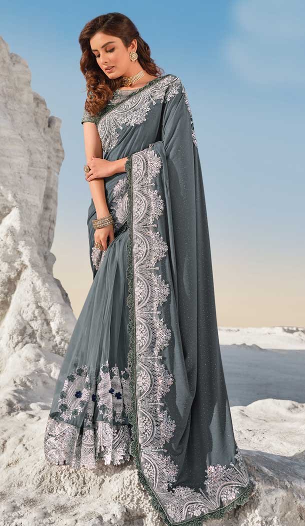Grey Color Digital Net Fancy Designer Bridal Party Wear Saree -969126230