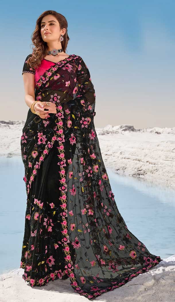 Black Color Digital Net Fancy Designer Bridal Party Wear Saree -969126231