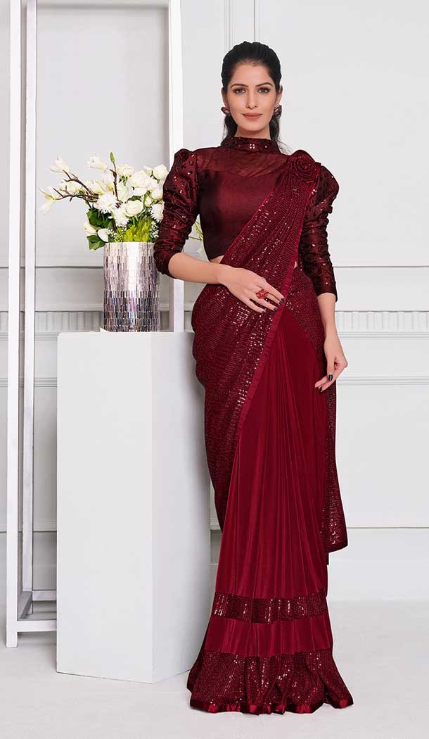 Maroon Color Lycra Fancy Designer Party Wear Lehenga Style Saree -970126232