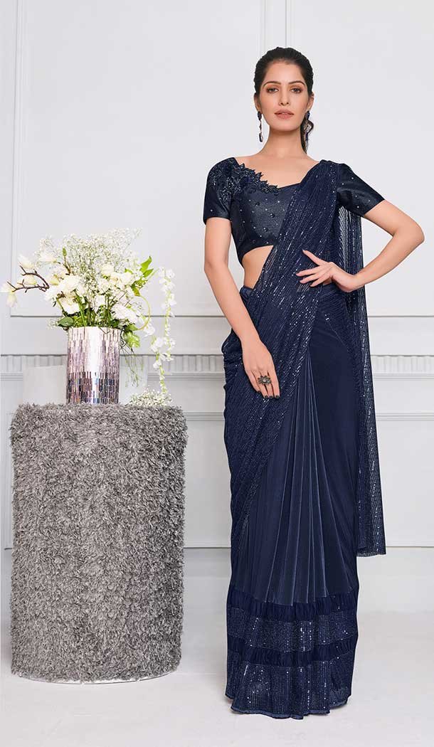 Navy Blue Color Lycra Fancy Designer Party Wear Lehenga Style Saree -970126233