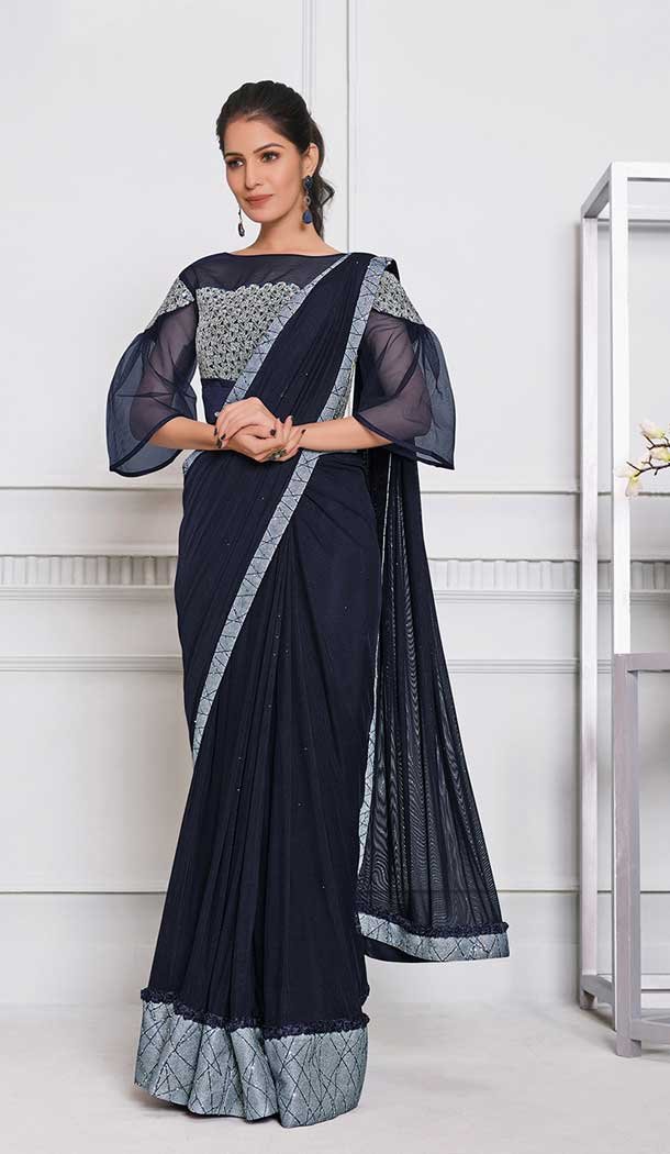 Navy Blue Color Lycra Net Fancy Designer Party Wear Lehenga Style Saree -970126237