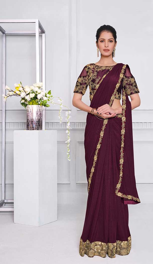 Wine Color Lycra Net Fancy Designer Party Wear Lehenga Style Saree -970126239
