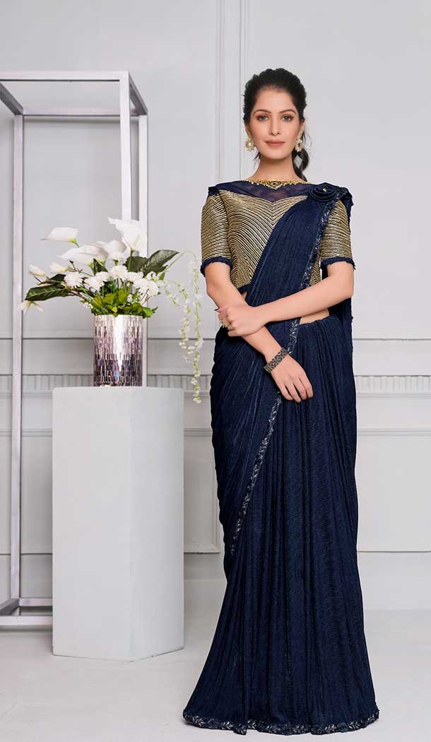 Navy Blue Color Lycra Fancy Designer Party Wear Lehenga Style Saree -970126244