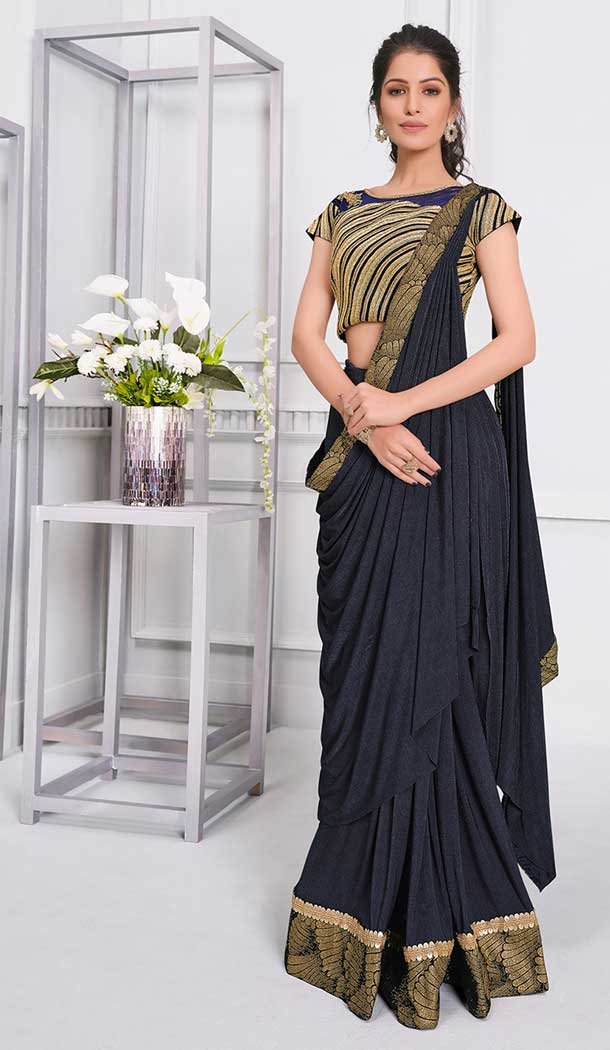 Blue Color Lycra Fancy Designer Party Wear Lehenga Style Saree -970126246