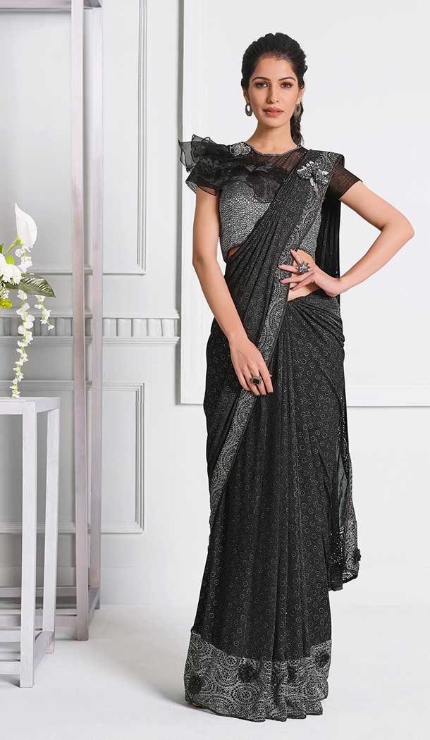 Splendorous Grey Color Lycra Fancy Designer Party Wear Lehenga Style Saree -970126248