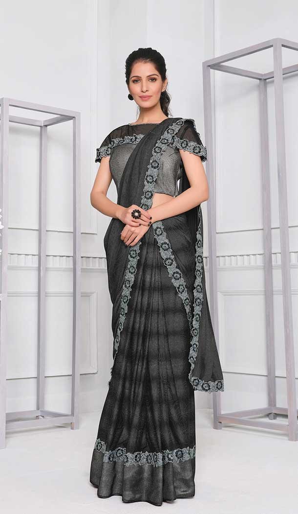 Vivacious Grey Color Lycra Fancy Designer Party Wear Lehenga Style Saree -970126249