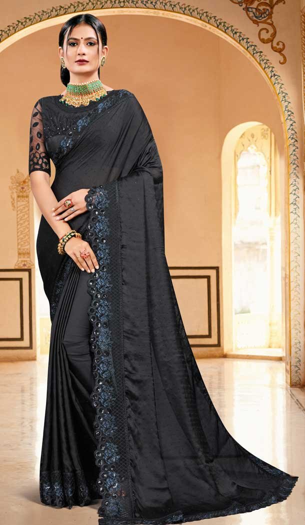 Black Color Silk Satin Designer Party Wear Saree Blouse -979126354