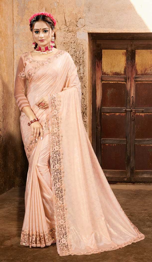 Peach Color Crape Silk With Foil Designer Party Wear Saree Blouse -979126356