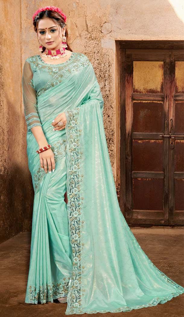 Aqua Color Crape Silk With Foil Designer Party Wear Saree Blouse -979126357