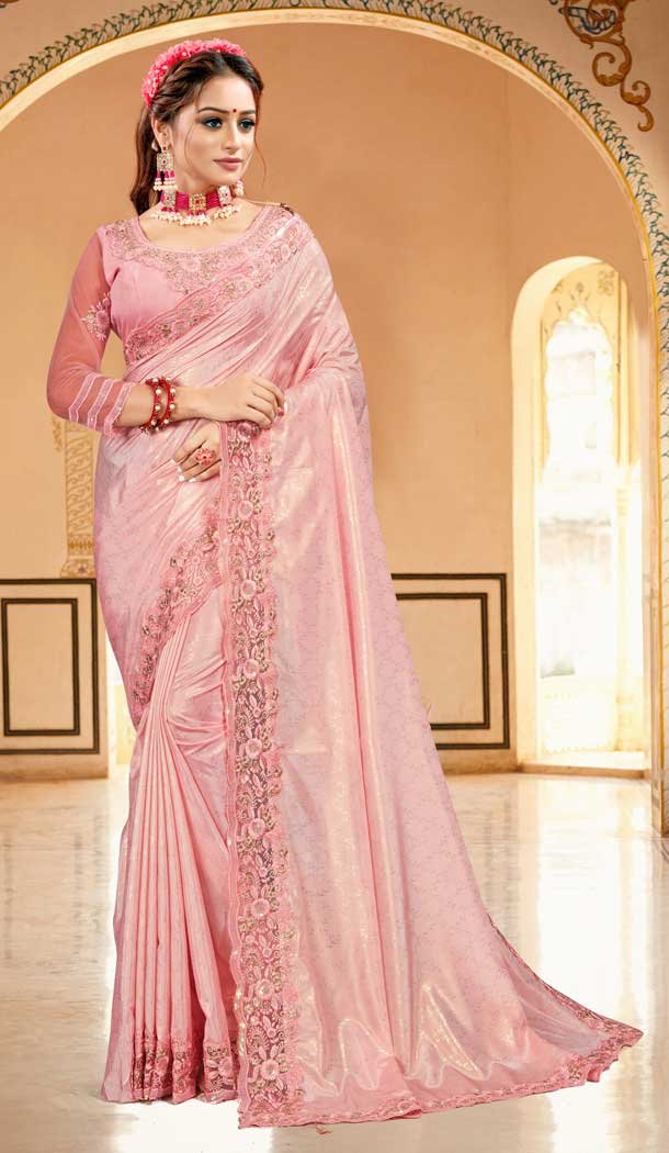 Baby Pink Color Crape Silk With Foil Designer Party Wear Saree Blouse -979126359