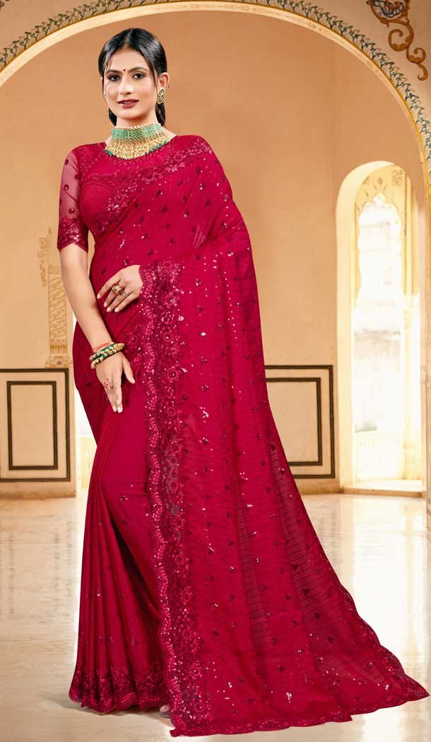Redish Pink Color Silk Georgette Designer Party Wear Saree Blouse -979126363