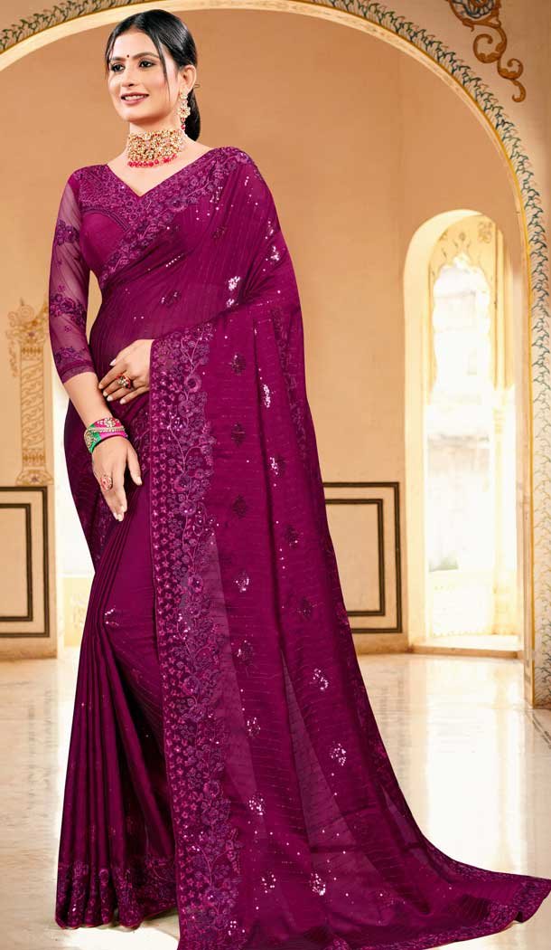 Violet Color Silk Georgette Designer Party Wear Saree Blouse -979126367