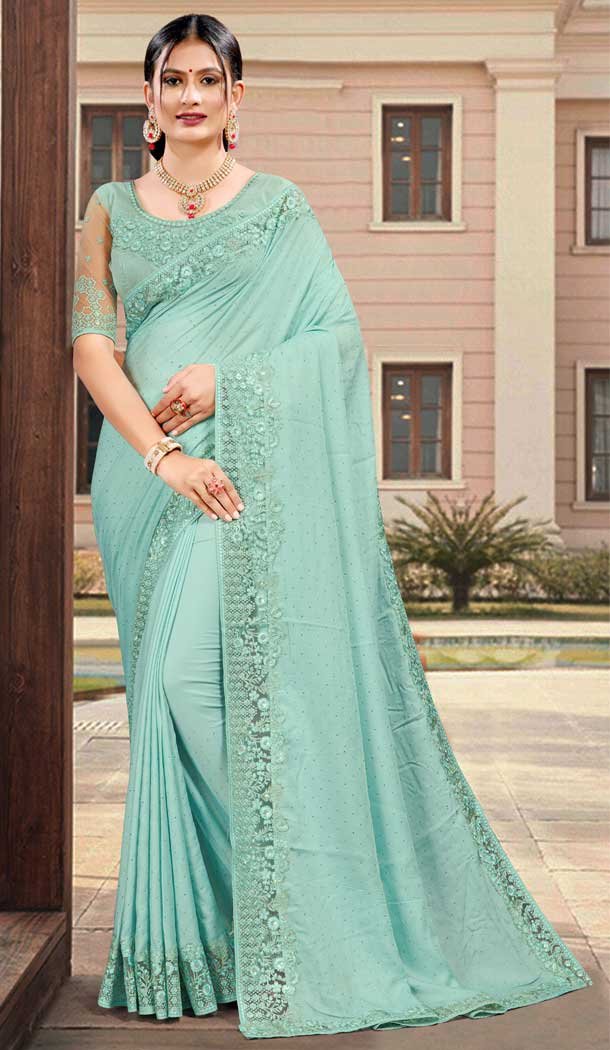 Sky Blue Color Silk Satin Embroidered Designer Party Wear Saree -994126470