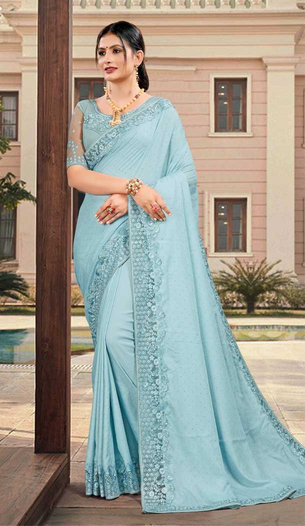 Sky Blue Color Silk Satin Embroidered Designer Party Wear Saree -994126472