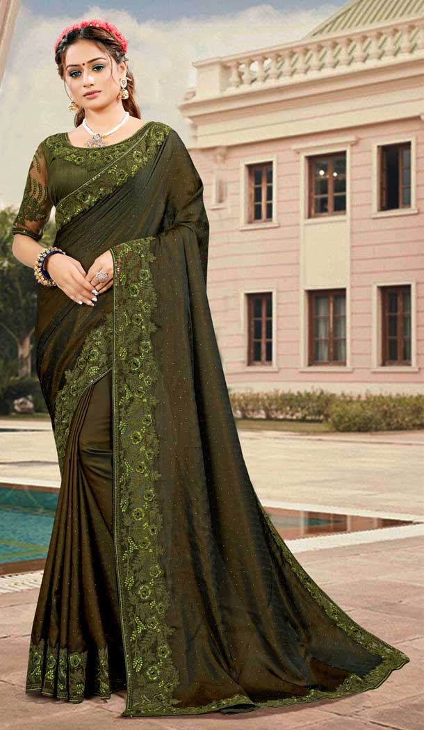 Mehendi Green Color Silk Satin Embroidered Designer Party Wear Saree -994126474
