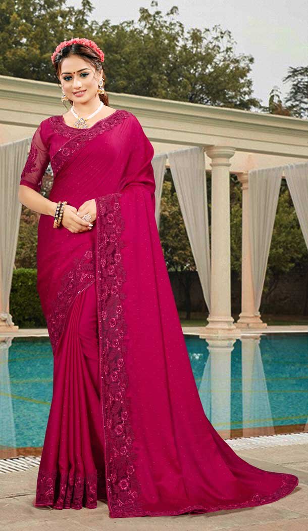 Pink Color Silk Satin Embroidered Designer Party Wear Saree -994126475