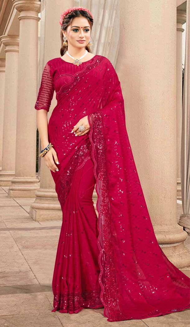 Pink Color Silk Satin Embroidered Designer Party Wear Saree -994126480