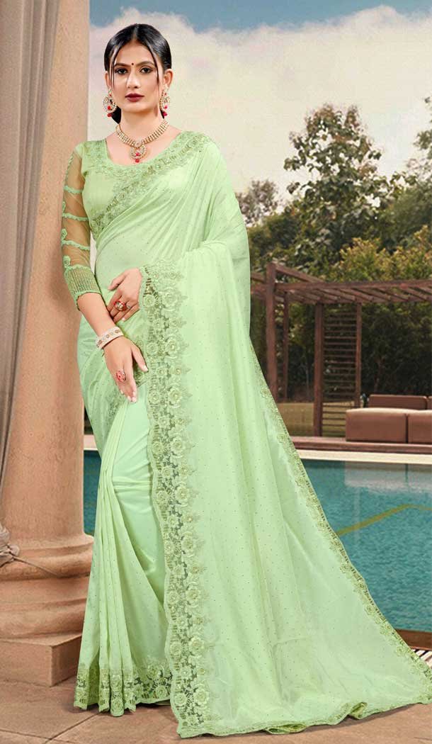 Parrot Green Color Silk Satin Embroidered Designer Party Wear Saree -994126481