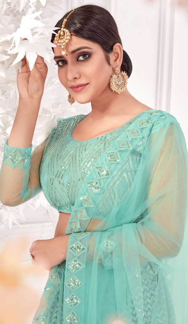 Aqua Color Net Fancy Party Wear Designer Chaniya Choli -1023126645
