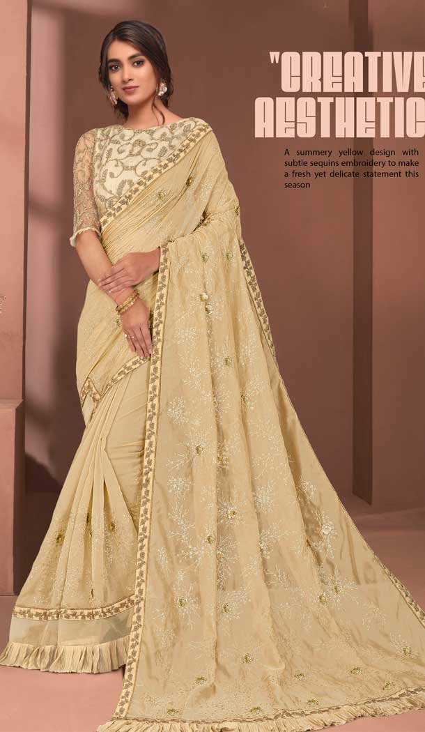 Cream Color Tissue Embroidered Party Wear Saree Blouse -1064126996