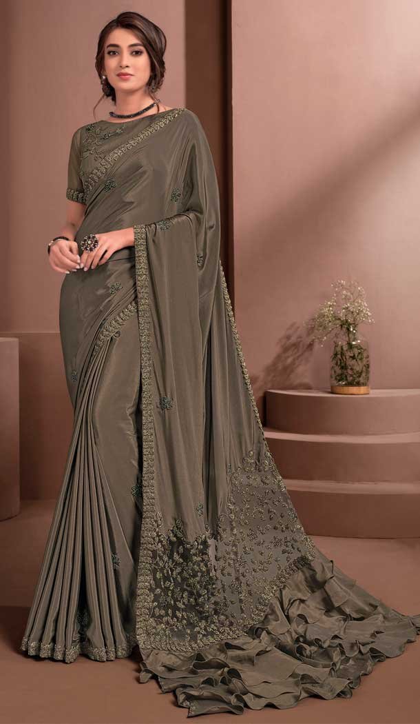 Khakhi Color Crepe Embroidered Party Wear Saree Blouse -1064126997