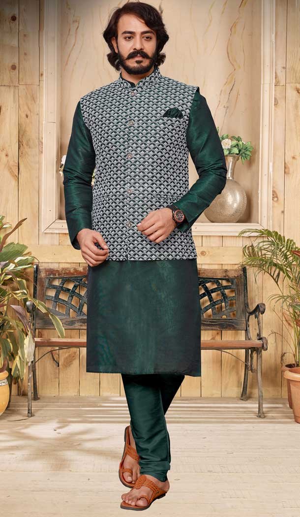 Dark Green Color Heavy Art Silk Readymade Mens Kurta With Jacket -1087127323