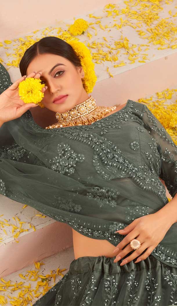 Khakhi Green Color Net Heavy Designer Bridal Wear Lehenga Choli -1088127331