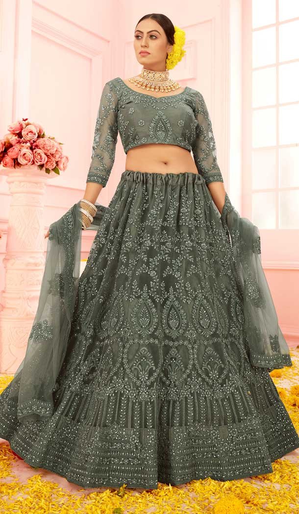 Khakhi Green Color Net Heavy Designer Bridal Wear Lehenga Choli -1088127331