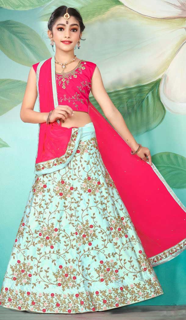 Aqua Color Japan Silk Designer Wear Kids Girls Lehenga Choli -1114127574