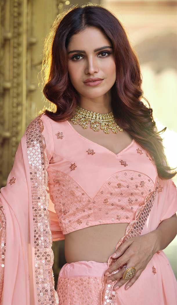 Light Pink Color Georgette Designer Mehendi Wedding Wear Lehenga Choli -1129127675