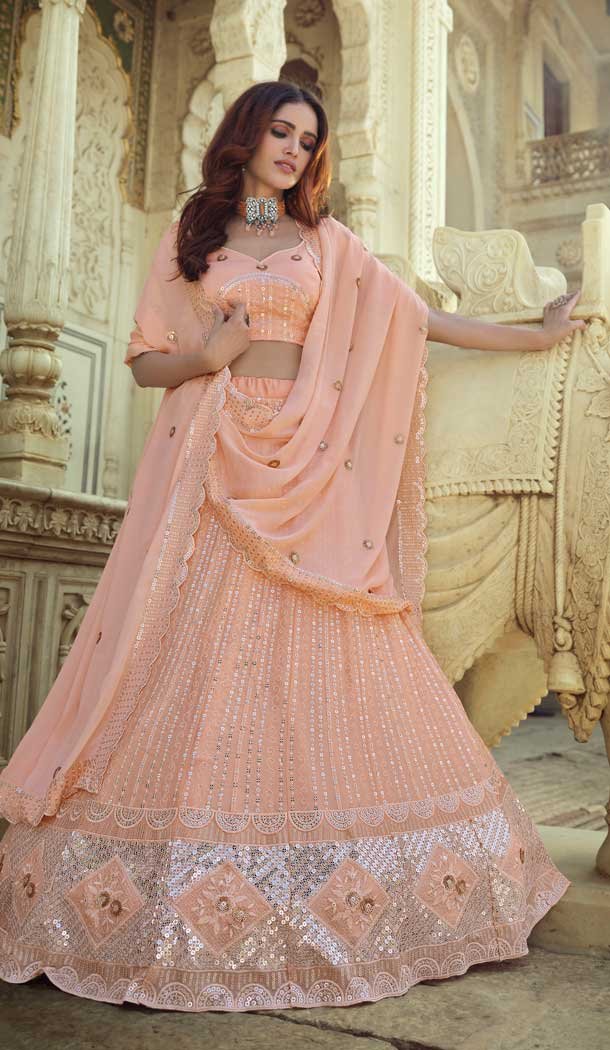 Peach Color Georgette Designer Mehendi Wedding Wear Lehenga Choli -1129127677