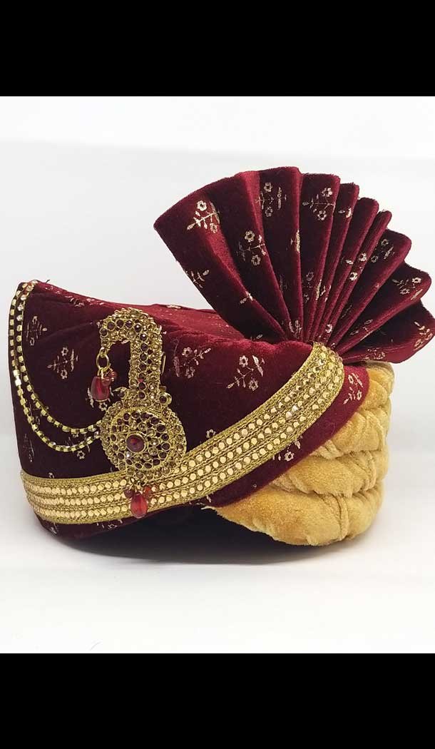 Gold & Maroon Color Velvet Mens Readymade Wedding Groom Turban -1140127752