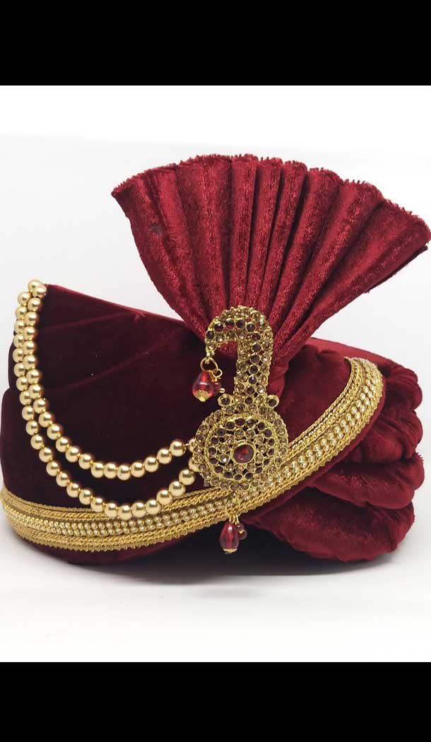 Maroon Color Velvet Mens Readymade Wedding Groom Turban -1140127753