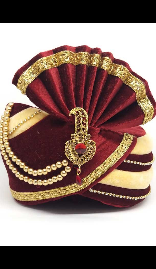 Cream & Maroon Color Velvet Mens Readymade Wedding Groom Turban -1140127760