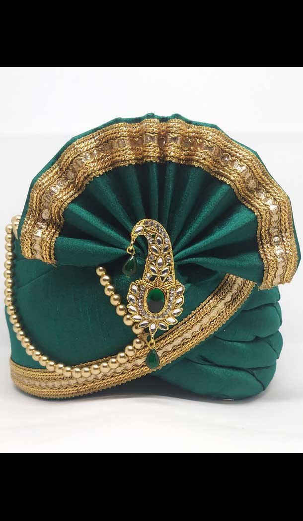 Green Color Dupion Silk Mens Readymade Wedding Groom Turban -1140127766
