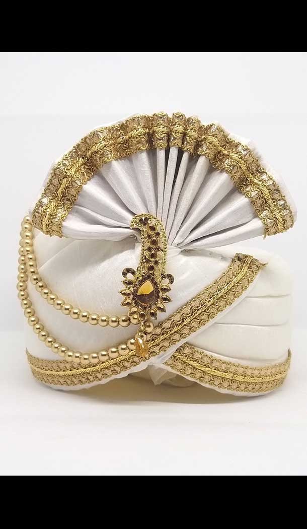 White Color Dupion Silk Mens Readymade Wedding Groom Turban -1140127767