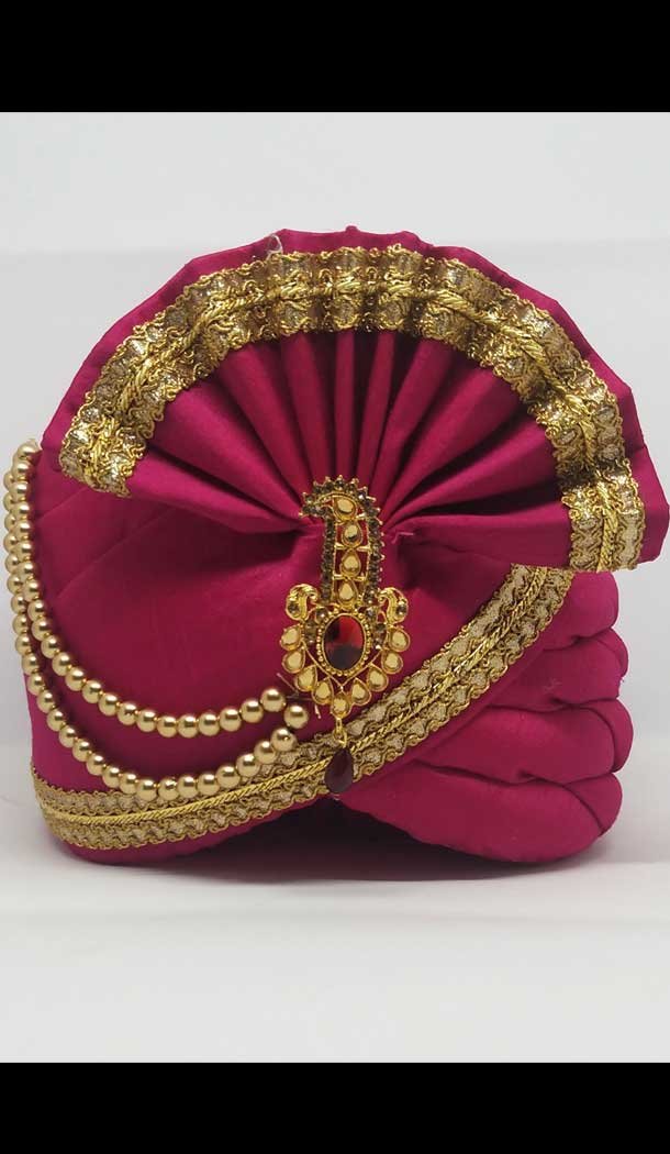 Rani Pink Color Dupion Silk Mens Readymade Wedding Groom Turban -1140127768