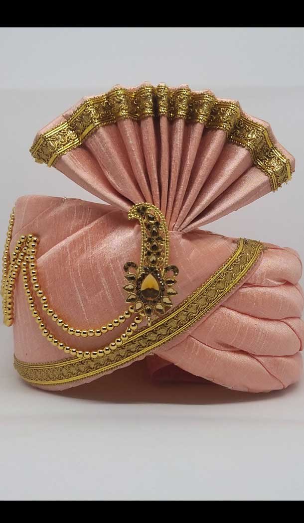 Peach Pink Color Dupion Silk Mens Readymade Wedding Groom Turban -1140127770