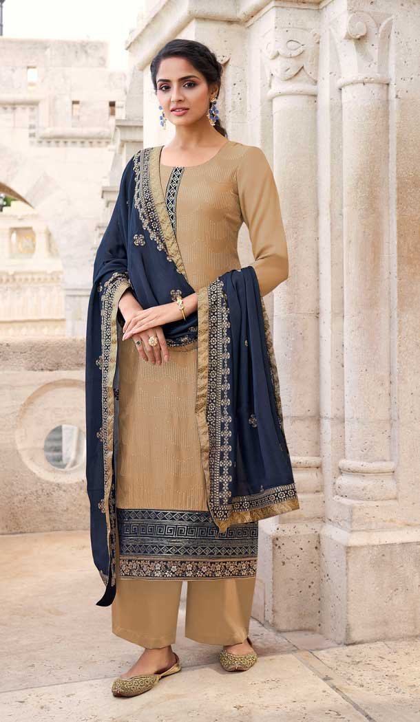 Beige Color Real Chinon Designer Embroidered Palazzo Salwar Suit -1141127775